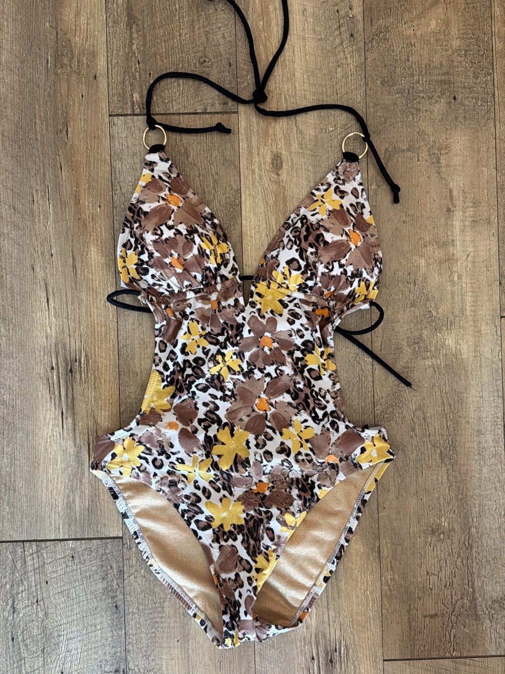 Vintage Y2K Liquid Blue Floral Leopard Print Cut Out One-Piece Swimsuit - Medium